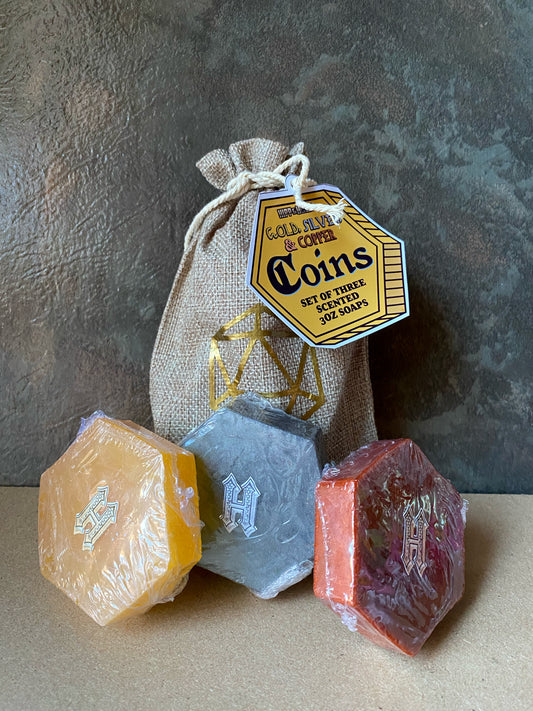 Coin Bag of Soaps- set of Three 3oz D&D Inspired Soaps in a Burlap Sack - Unique Dungeons and Dragons Gift - Soap Set - TTRPG