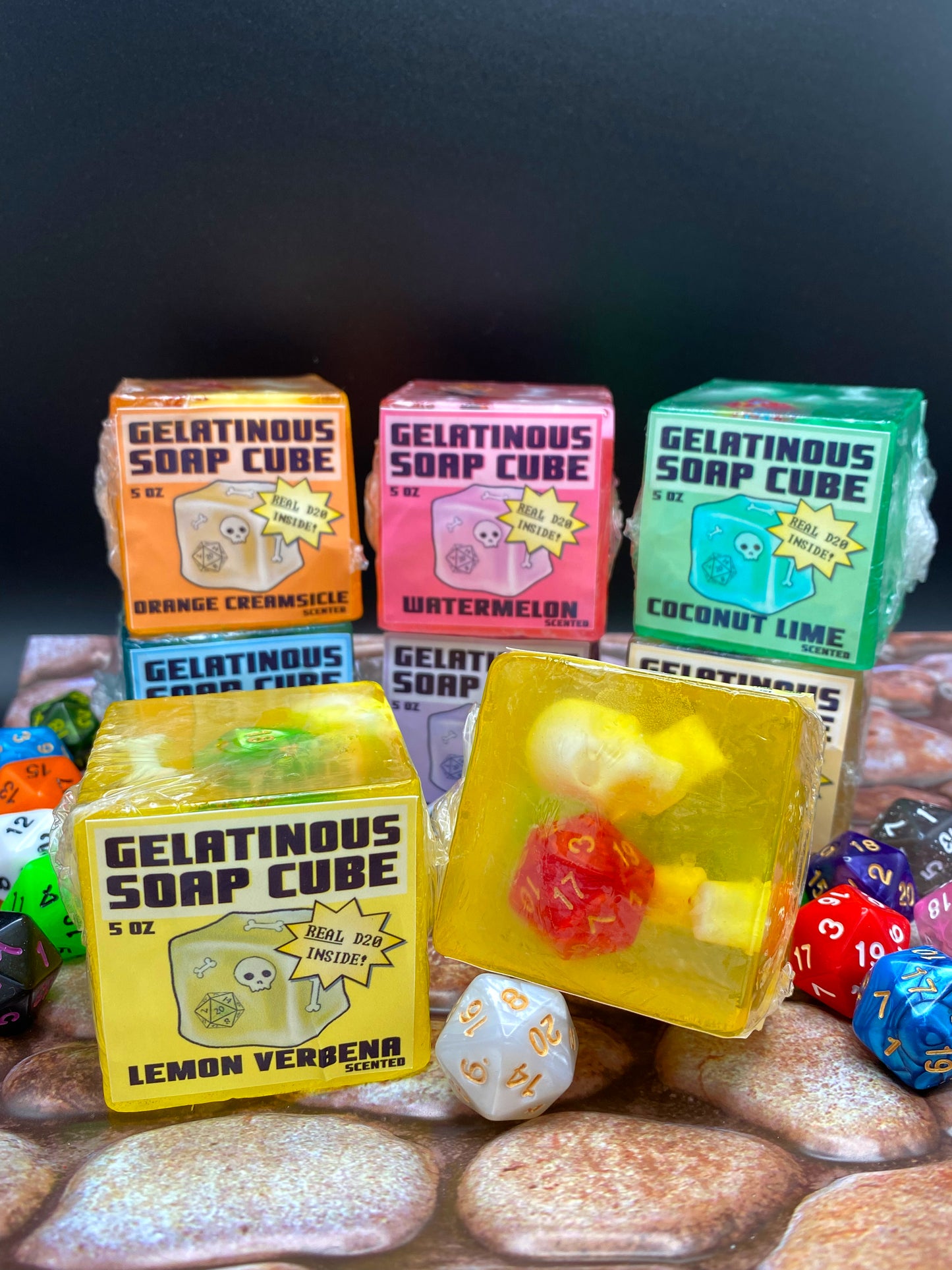 Gelatinous Soap Cube with Real D20 Die Inside! - Choose Your Scent